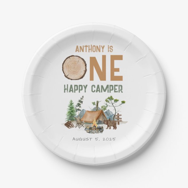 Happy Camper Watercolor Woodland 1st Birthday Paper Plate (Front)