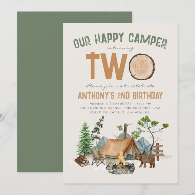 Happy Camper Watercolor Woodland 2nd Birthday Invitation (Front/Back)