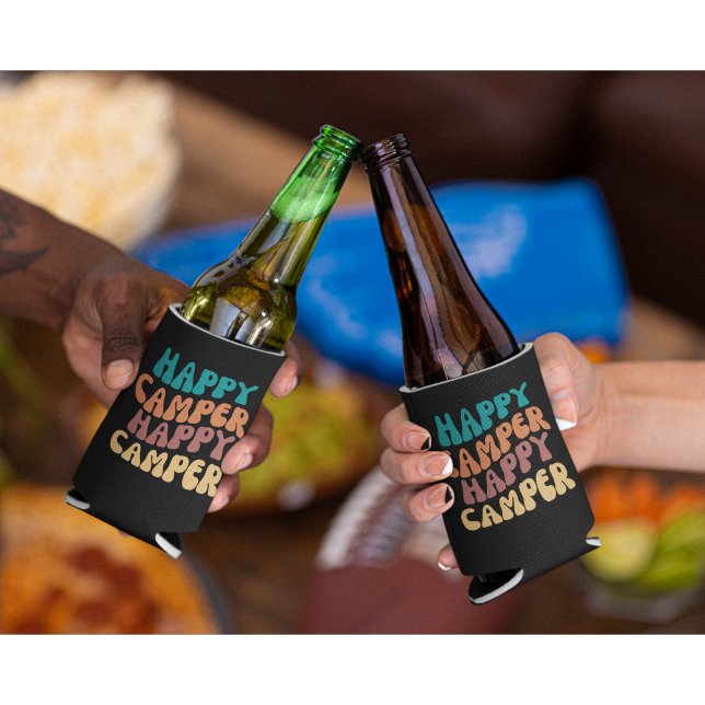 Happy Camper Wavy Retro Colorful Text Can Cooler (Creator Uploaded)