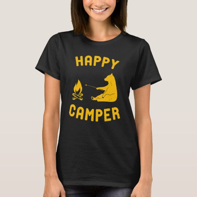 Happy Camper  With Bear And Bonfire T-Shirt (Front)