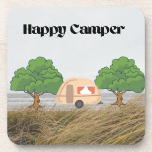 Happy Camper with Camper and Trees on a Coaster