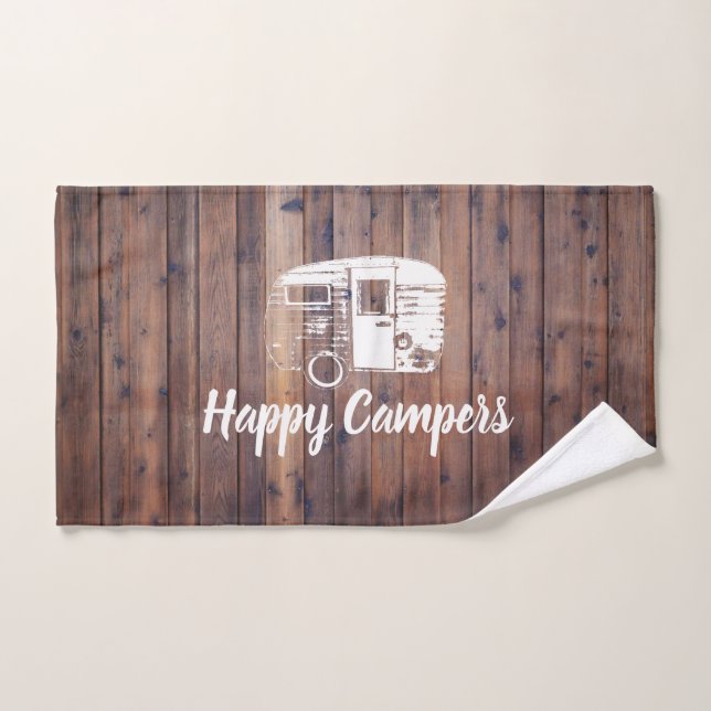 Happy Campers Camping Trailer Rustic Wood Hand Towel (Hand Towel)