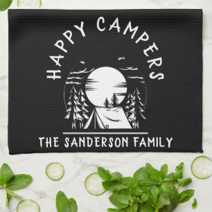 Happy Campers Family Name Camping Trip Black White Tea Towel