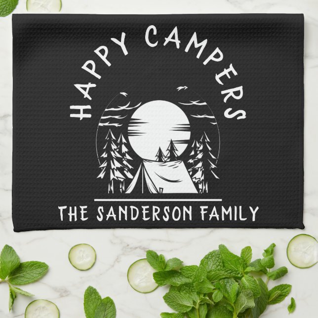 Happy Campers Family Name Camping Trip Black White Tea Towel (Folded)