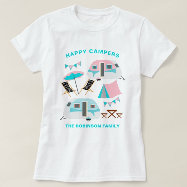 Happy Campers Family Name Retro Caravan Camping T- T-Shirt (Design Front)