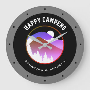 Happy Campers Family Names Grey Black Camping  Large Clock