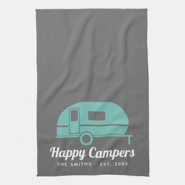 Happy Campers Gray Teal Camping Tea Towel (Vertical)