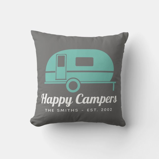 Happy Campers Grey Teal Camping Cushion (Front)