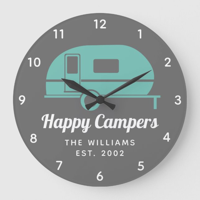 Happy Campers Grey Teal Camping Large Clock (Front)