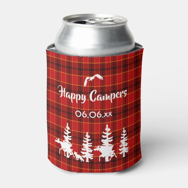 Happy Campers Lumberjack theme red plaid pattern Can Cooler (Can Front)
