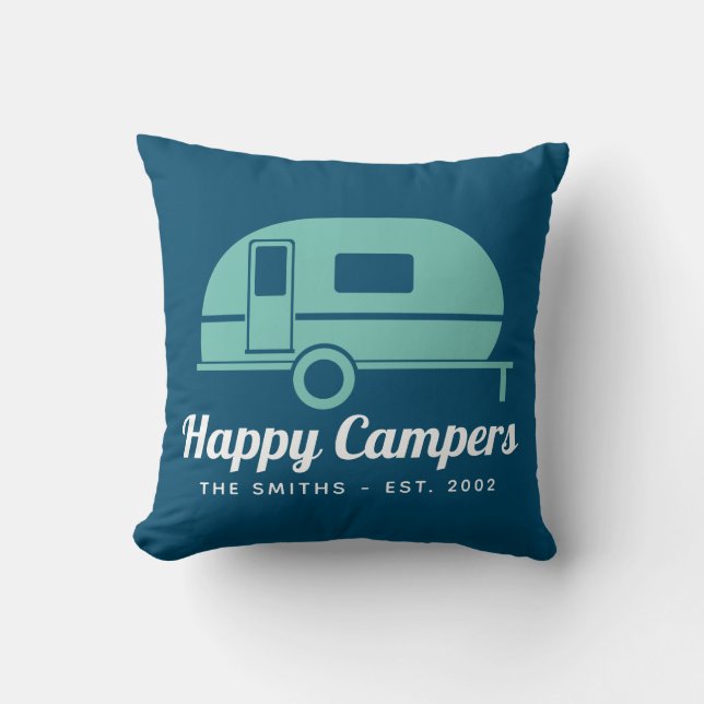 Happy Campers Navy Teal Camping Cushion (Front)