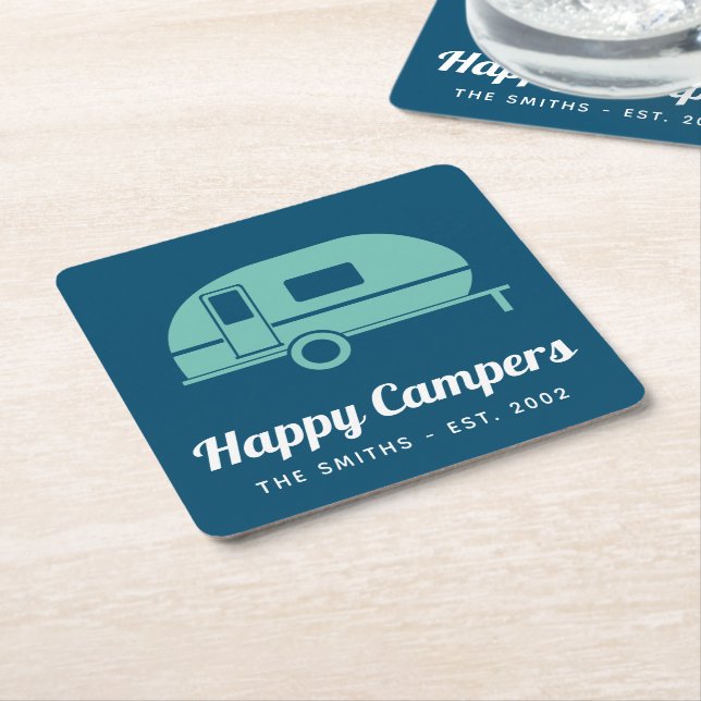 Happy Campers Navy Teal Camping Square Paper Coaster (Angled)