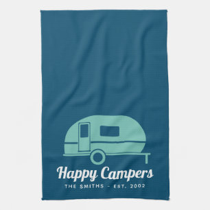Happy Campers Navy Teal Camping Tea Towel