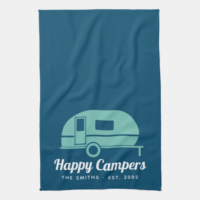 Happy Campers Navy Teal Camping Tea Towel (Vertical)