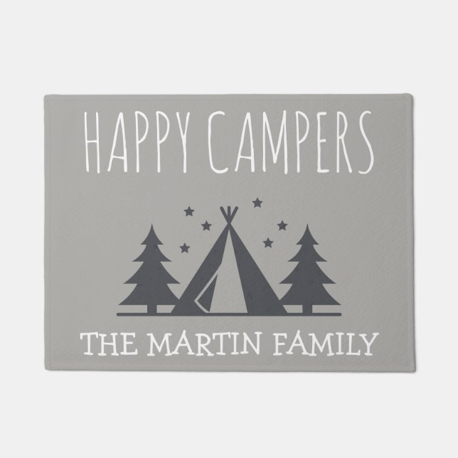 Happy Campers Personalised Rustic Camping Tent Doormat (Front)