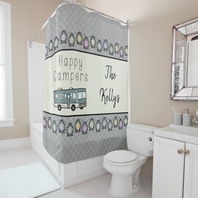 Happy Campers Personalised RV Shower Curtain (In Situ)