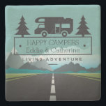 Happy Campers Retirement | RV Camping Travel Stone Coaster<br><div class="desc">Cute home decor or for on the road with your RV is this camping travel theme stone coaster featuring a classic vintage motorhome silhouette surrounded by pine trees. Reads 'HAPPY CAMPERS' with personalised name(s) in black below. Or add any custom text. Reads LIVING ADVENTURE below that. Background is cartoon style...</div>