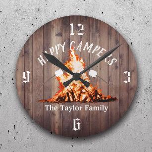 Happy Campers Rustic Bonfire Camping Family Name Round Clock