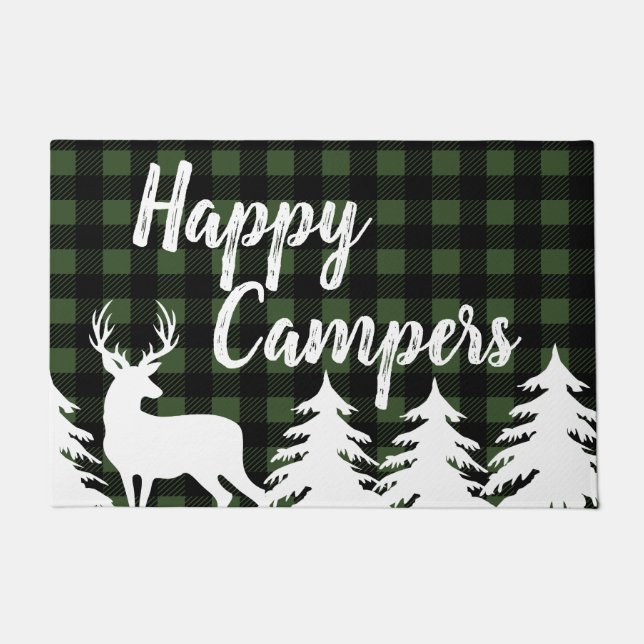 Happy Campers Rustic Buffalo Check Plaid & Deer Doormat (Front)