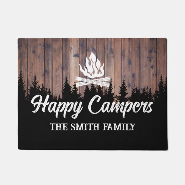 Happy Campers Rustic Camping Fire Family Name Doormat (Front)