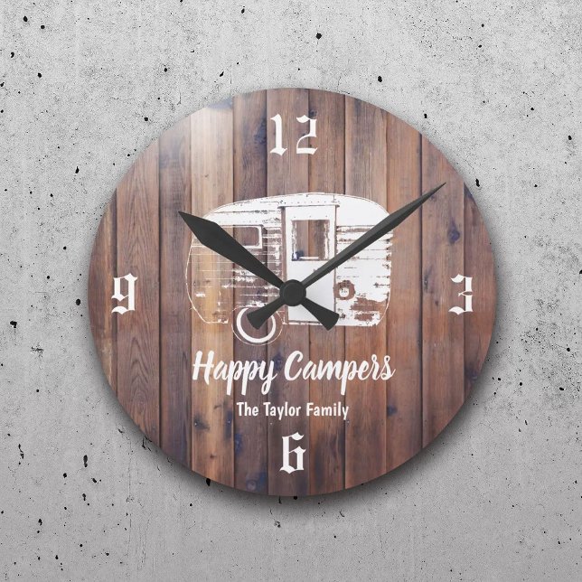 Happy Campers Rustic Camping Trailer Family Name Round Clock (Creator Uploaded)