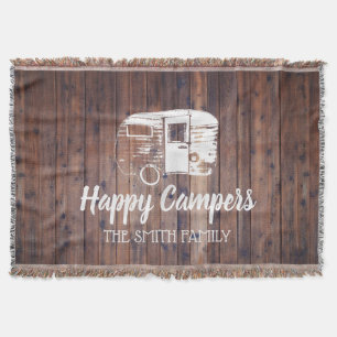 Happy Campers Rustic Camping Trailer Family Name Throw Blanket