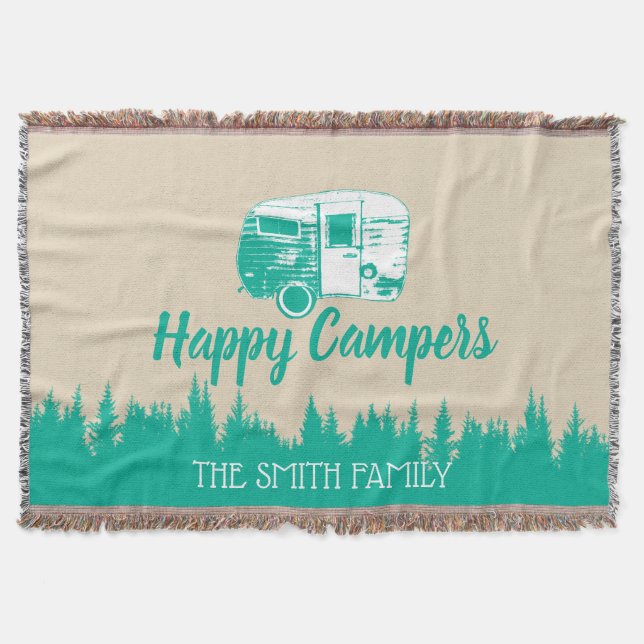 Happy Campers Rustic Camping Trailer Family Name Throw Blanket (Front)
