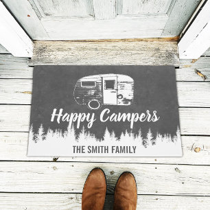 Happy Campers Rustic Chalkboard Family Name Doormat