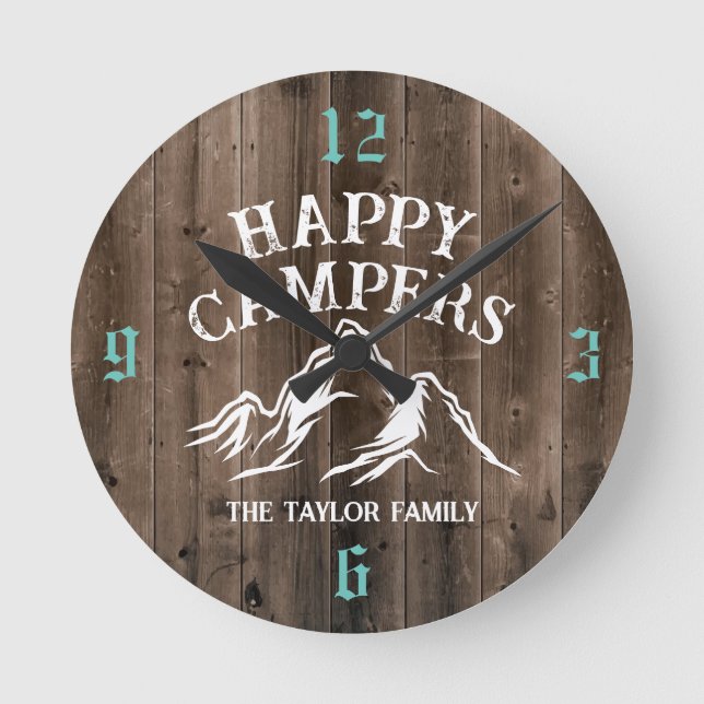 Happy Campers Rustic Mountain Camping Family Name  Round Clock (Front)