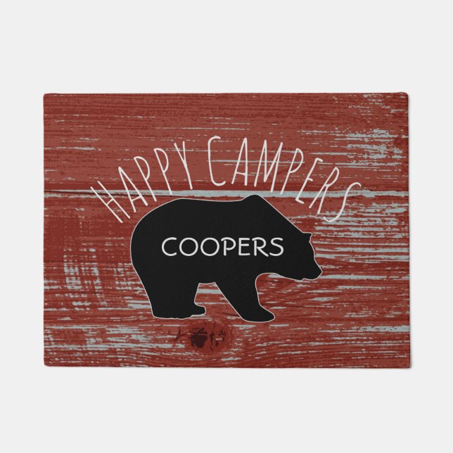 Happy Campers | Rustic Red Barn Wood Bear Monogram Doormat (Front)