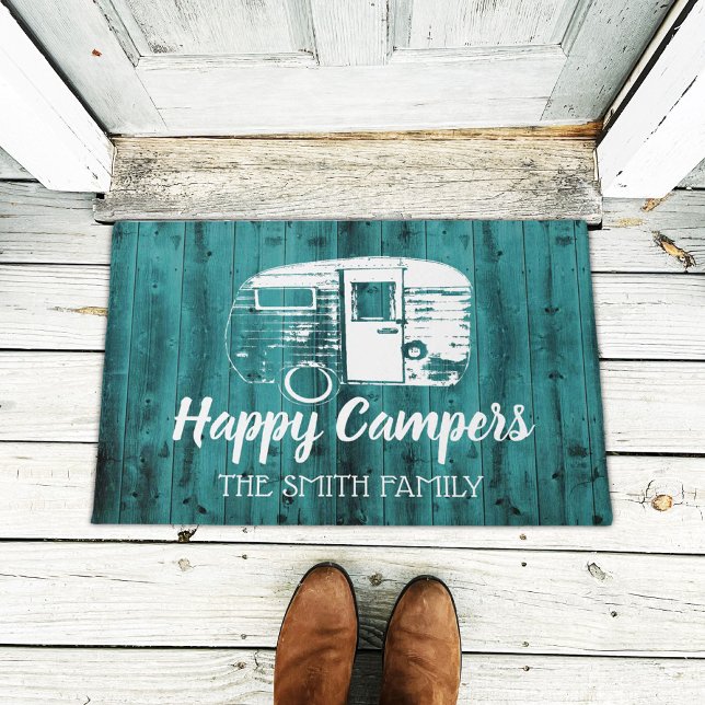 Happy Campers Rustic Teal Barn Camping Family Name Doormat (Creator Uploaded)