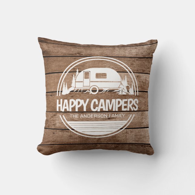 Happy Campers Rustic Wood Camping Cushion (Front)