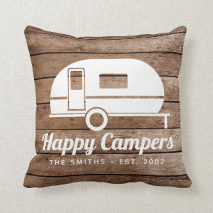 Happy Campers Rustic Wood Camping Throw Pillow