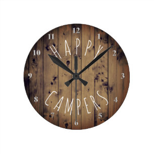 Happy Campers Rustic Wood Retirement RV Camping Round Clock