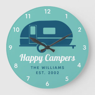 Happy Campers Teal Navy Camping Large Clock