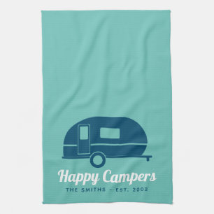 Happy Campers Teal Navy Camping Tea Towel