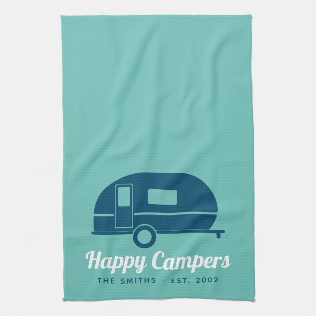Happy Campers Teal Navy Camping Tea Towel (Vertical)