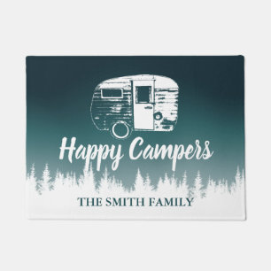 Happy Campers Teal Ombre Forest Family Name Doormat