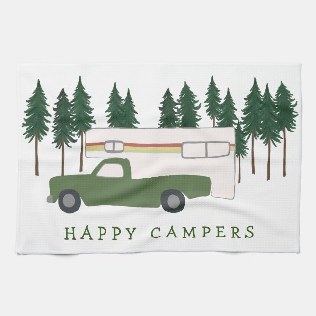 HAPPY CAMPERS Truck Camping RVing Trees Forest Tea Towel (Horizontal)