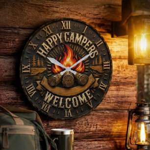 Happy Campers Vintage Camper Gift Large Clock