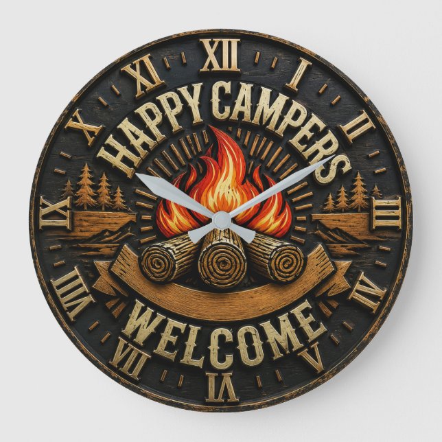Happy Campers Vintage Camper Gift Large Clock (Front)