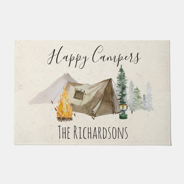 Happy Campers Watercolor Personalise Camp Tent Doormat (Front)