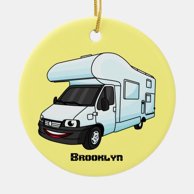 Happy campervan cartoon illustration ceramic tree decoration (Front)