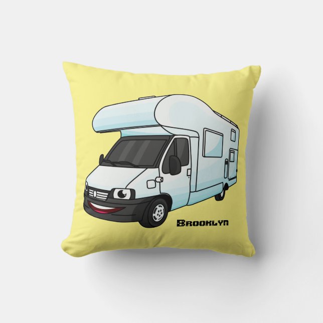 Happy campervan cartoon illustration cushion (Front)