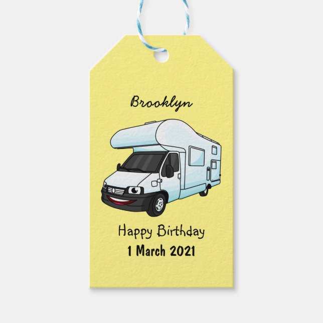 Happy campervan cartoon illustration gift tags (Front)