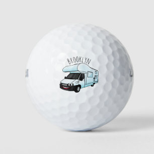 Happy campervan cartoon illustration golf balls