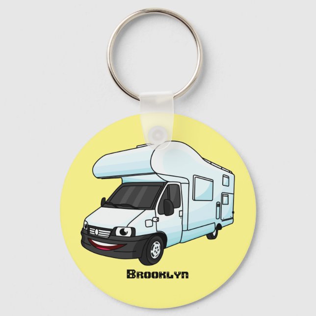 Happy campervan cartoon illustration key ring (Front)