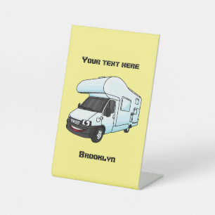 Happy campervan cartoon illustration pedestal sign
