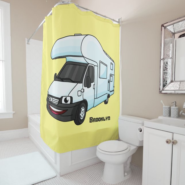 Happy campervan cartoon illustration  shower curtain (In Situ)