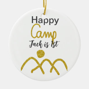 Happy camping camper one birthday kids golden sun ceramic tree decoration